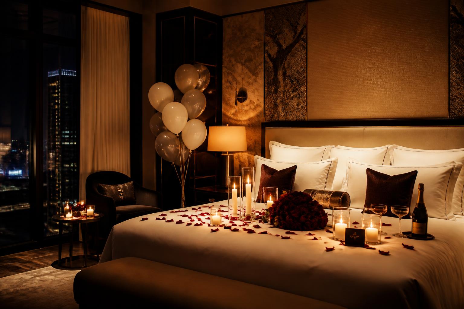 Luxury hotel room in Dubai styled with candles, roses, champagne and refined balloons