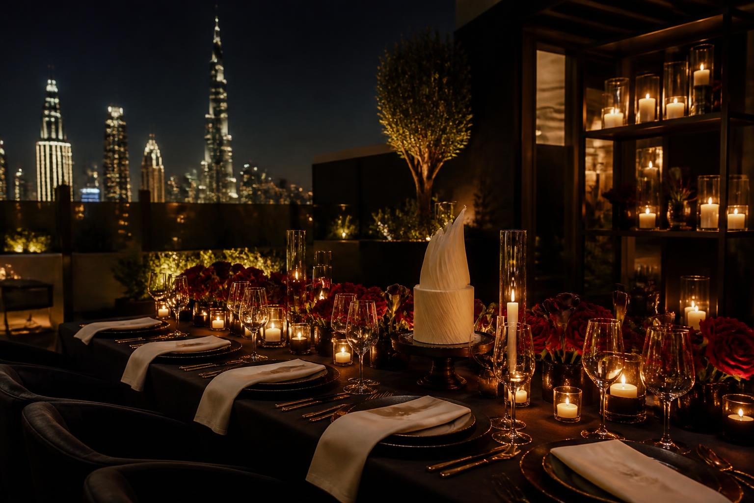 Intimate candlelit birthday dinner overlooking the Dubai skyline