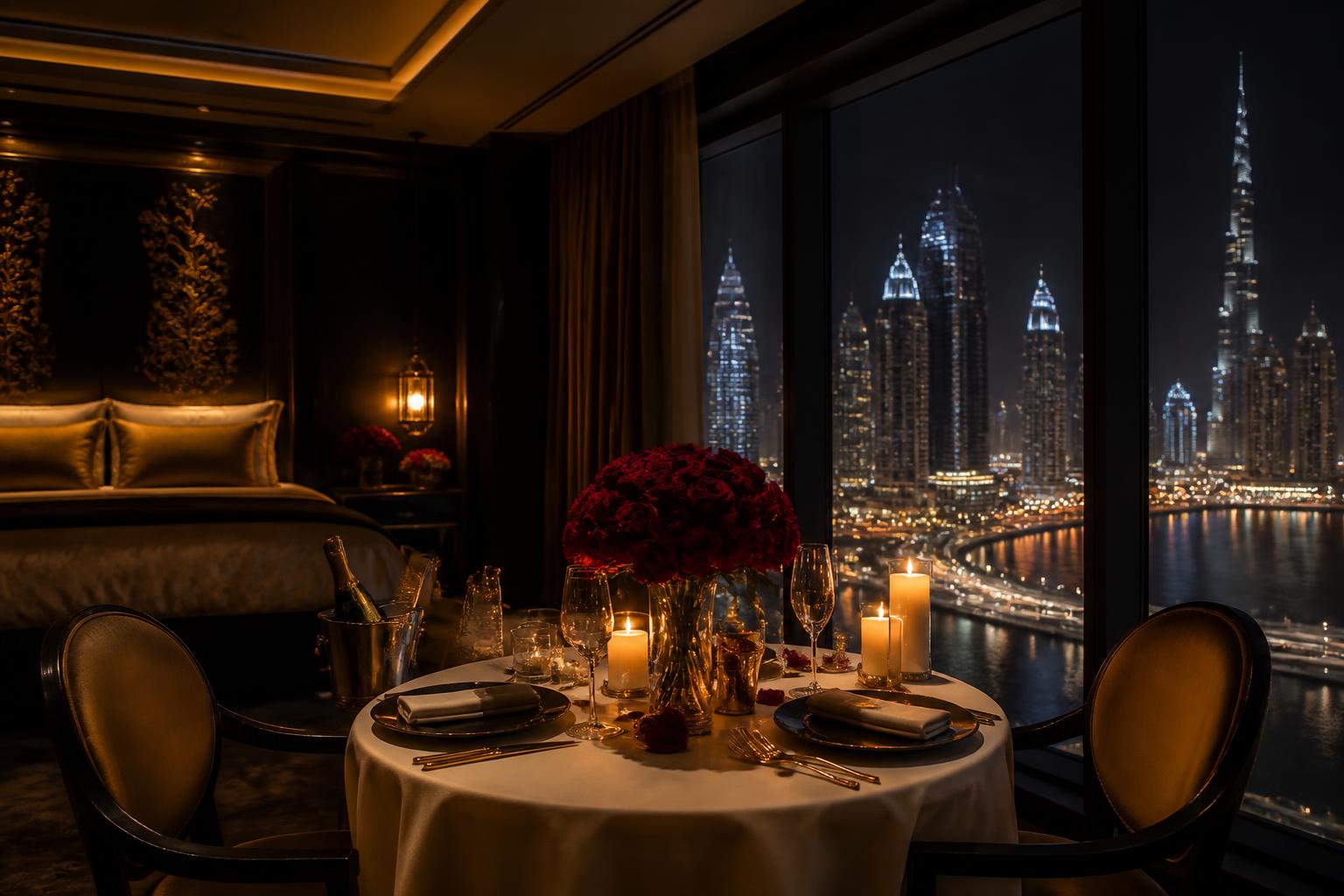 Private candlelit dinner for two in a luxury Dubai hotel suite