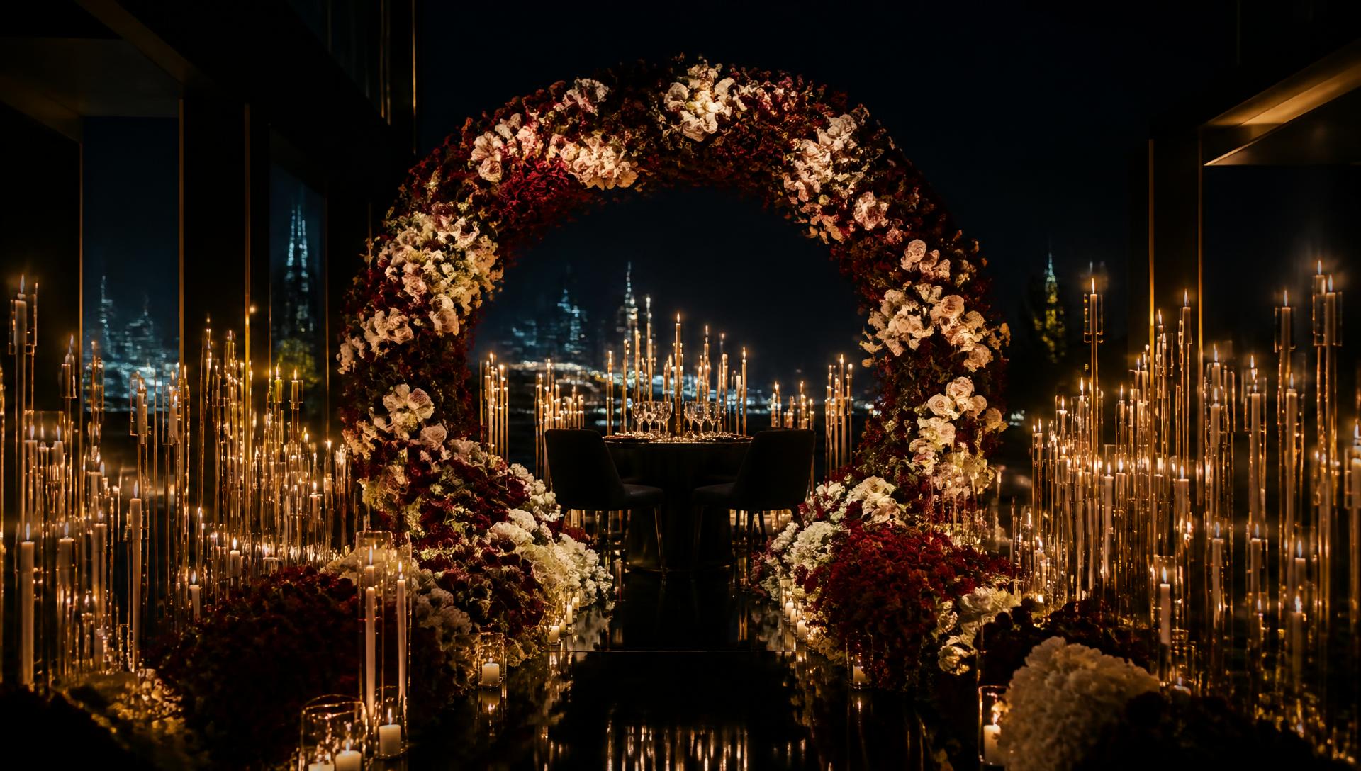 Candlelit circular floral installation at a private Dubai celebration